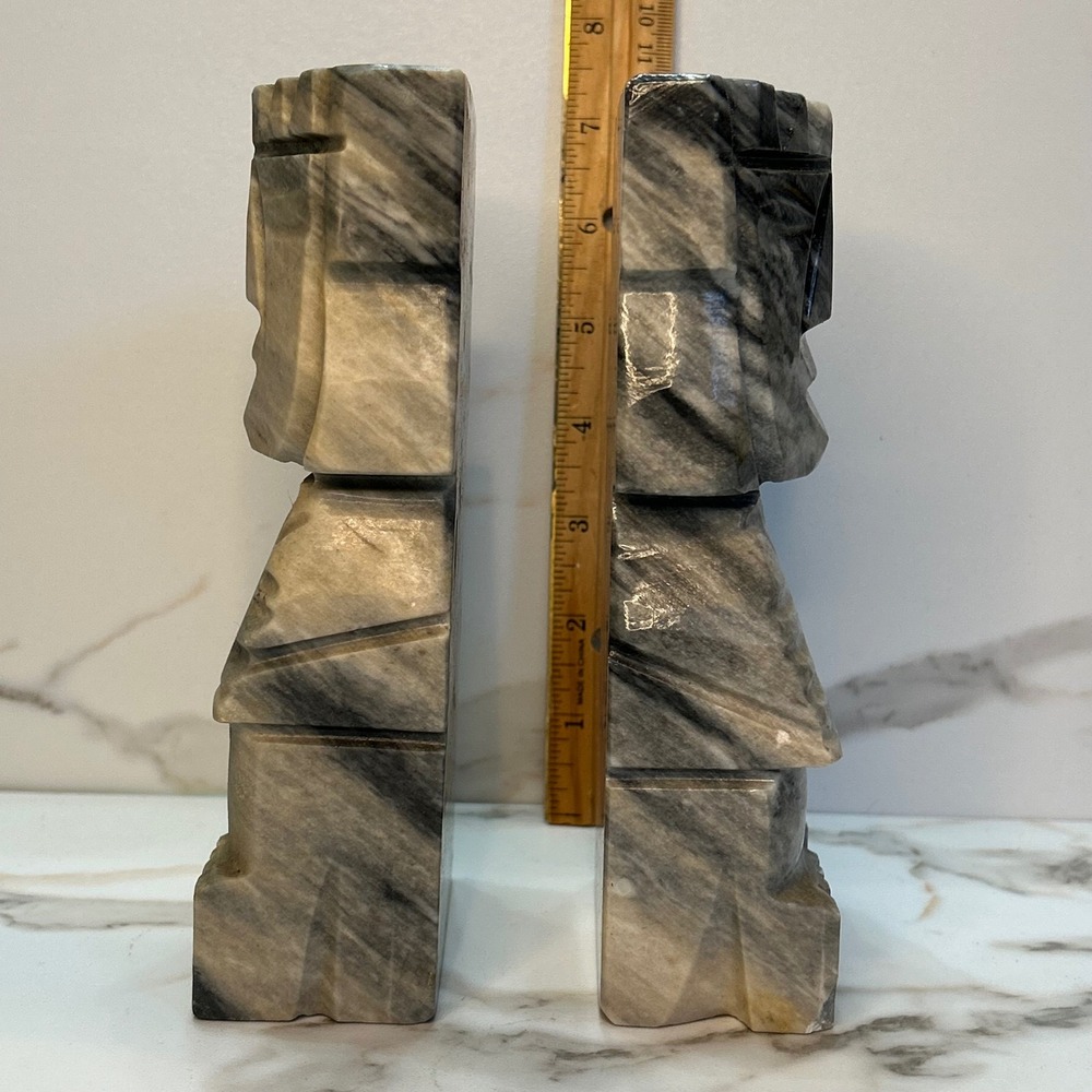 Vintage Carved Marble Tiki Aztec Mayan Head Bookends Grey White Stone 8 Inch